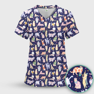Cute Colorful Cats Pattern Scrub Top, Comfortable Scrubs for Nurses