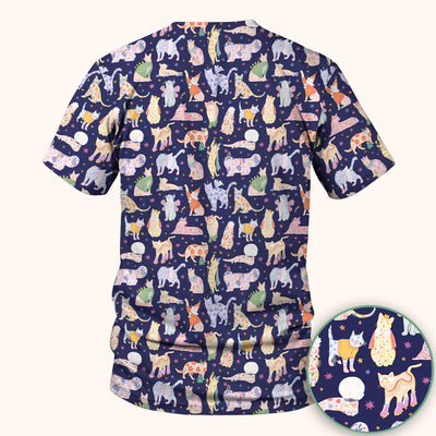 Cute Colorful Cats Pattern Scrub Top, Comfortable Scrubs for Nurses