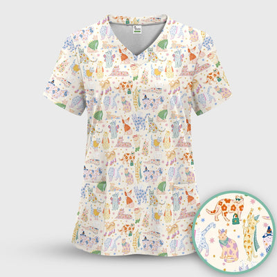 Cute Colorful Cats Pattern Scrub Top, Comfortable Scrubs for Nurses