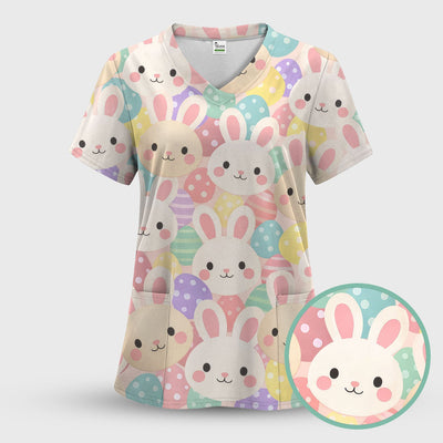 Pastel Bunny Faces Easter Eggs Pattern Scrubs Top, Comfortable Scrubs for Nurses