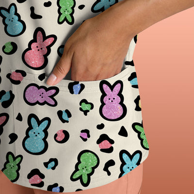 Cute Easter Bunny Pastel Pattern Scrub Top, Comfortable Scrubs for Nurses