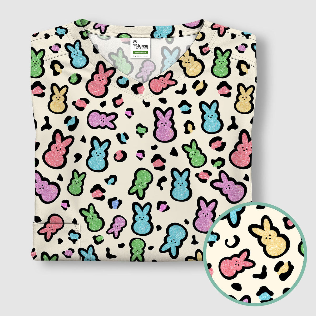 Cute Easter Bunny Pastel Pattern Scrub Top, Comfortable Scrubs for Nurses