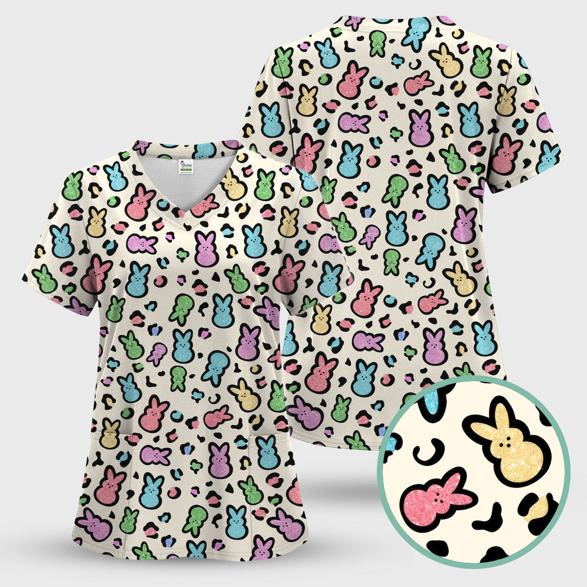 Cute Easter Bunny Pastel Pattern Scrub Top, Comfortable Scrubs for Nurses