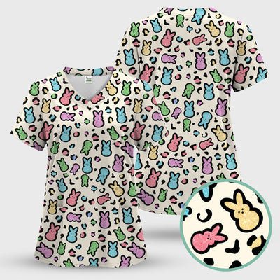 Cute Easter Bunny Pastel Pattern Scrub Top, Comfortable Scrubs for Nurses