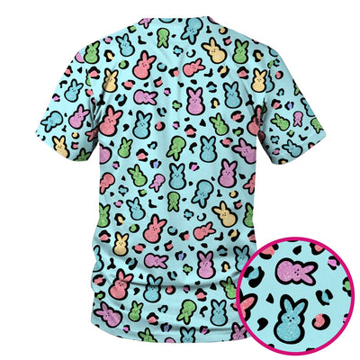 Cute Easter Bunny Pastel Pattern Scrub Top, Comfortable Scrubs for Nurses
