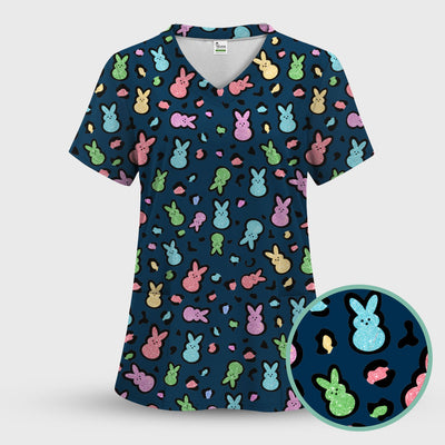Cute Easter Bunny Pastel Pattern Scrub Top, Comfortable Scrubs for Nurses