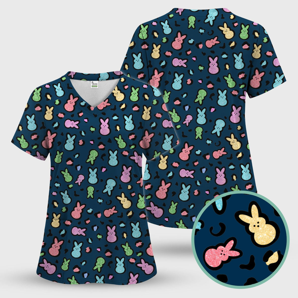 Cute Easter Bunny Pastel Pattern Scrub Top, Comfortable Scrubs for Nurses