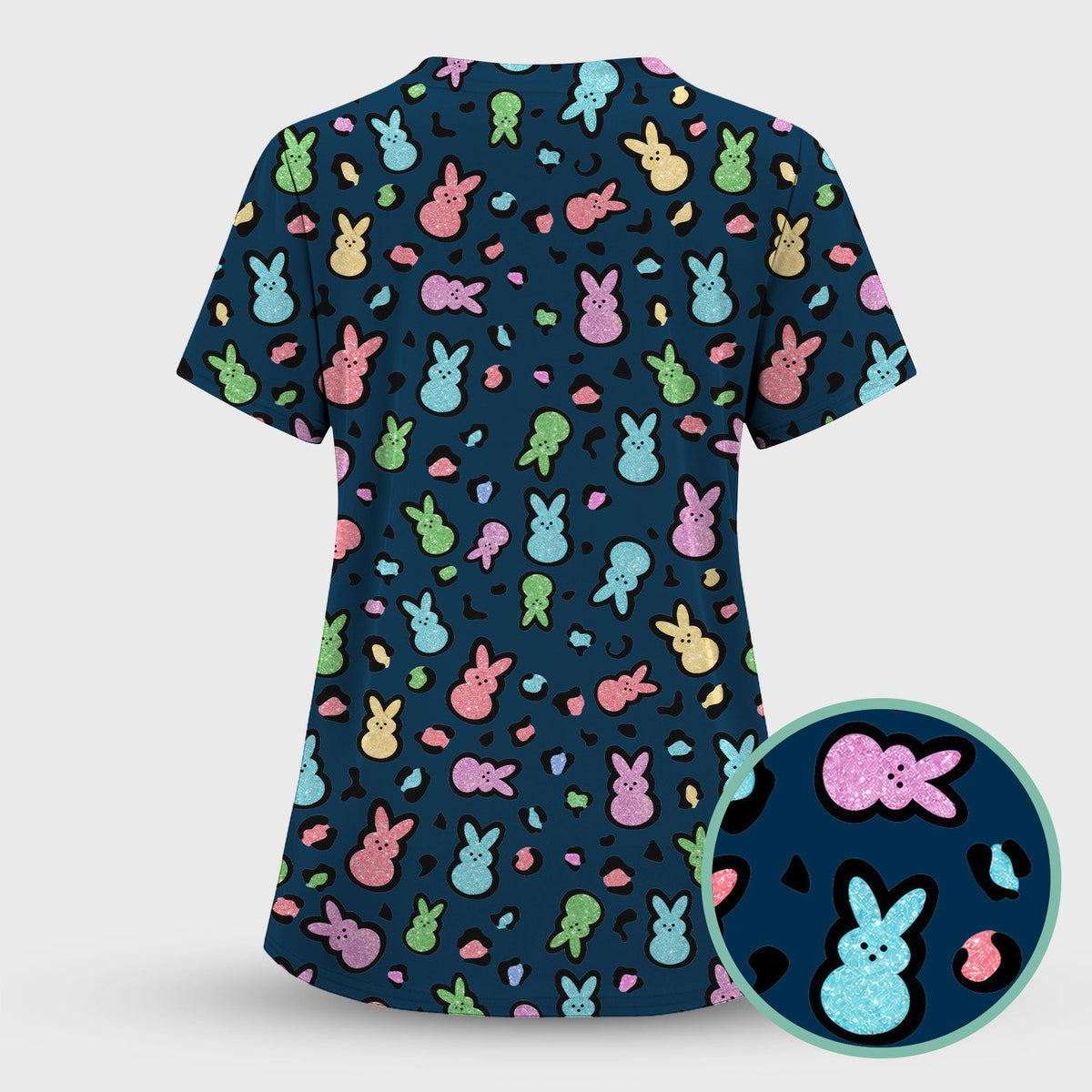 Cute Easter Bunny Pastel Pattern Scrub Top, Comfortable Scrubs for Nurses