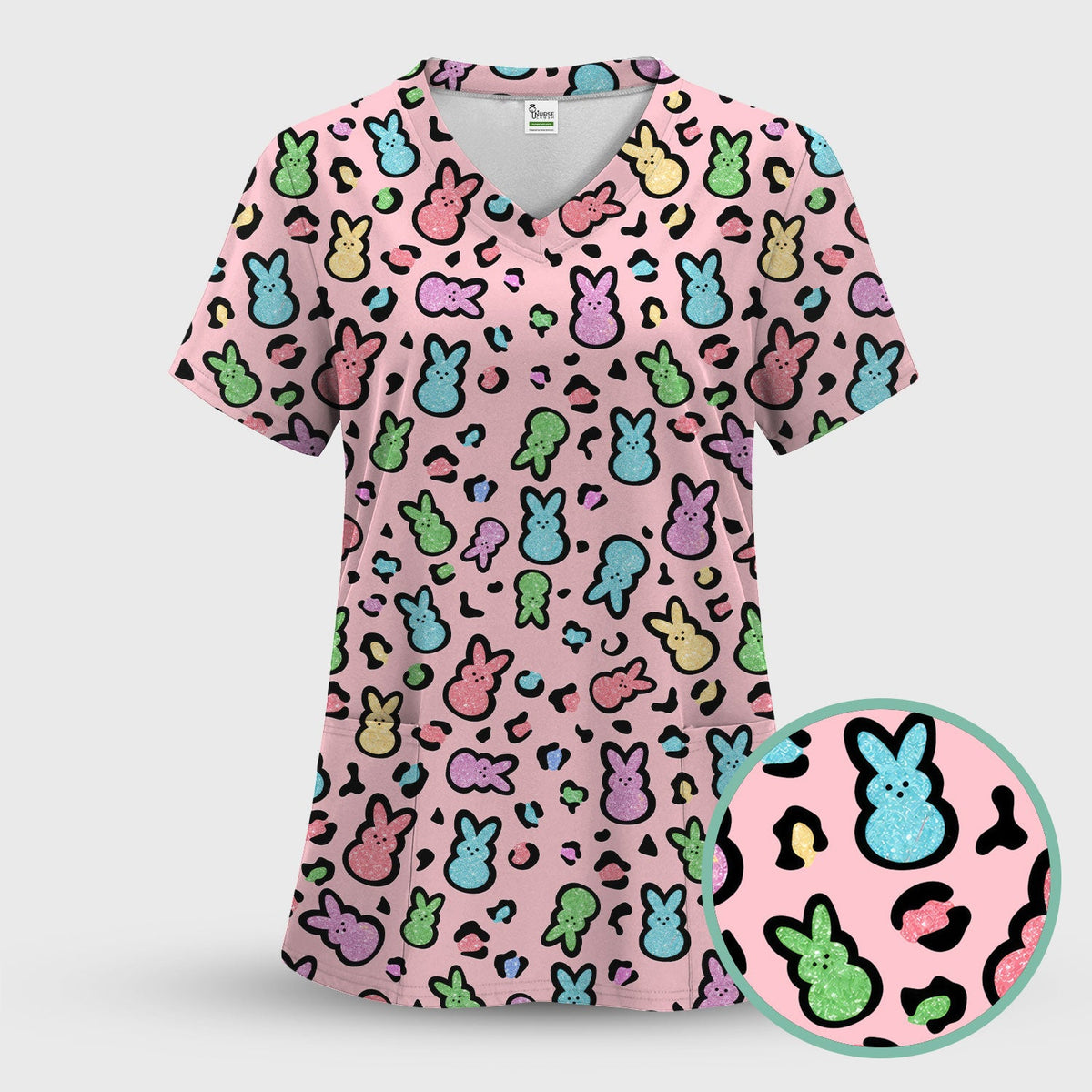 Cute Easter Bunny Pastel Pattern Scrub Top, Comfortable Scrubs for Nurses