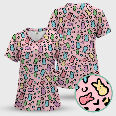 Cute Easter Bunny Pastel Pattern Scrub Top, Comfortable Scrubs for Nurses