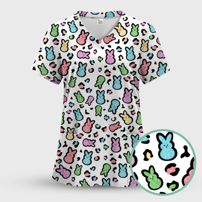 Cute Easter Bunny Pastel Pattern Scrub Top, Comfortable Scrubs for Nurses