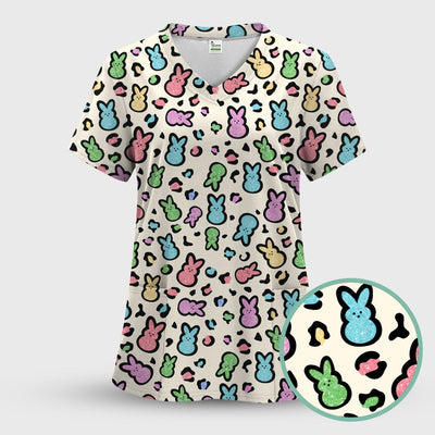 Cute Easter Bunny Pastel Pattern Scrub Top, Comfortable Scrubs for Nurses