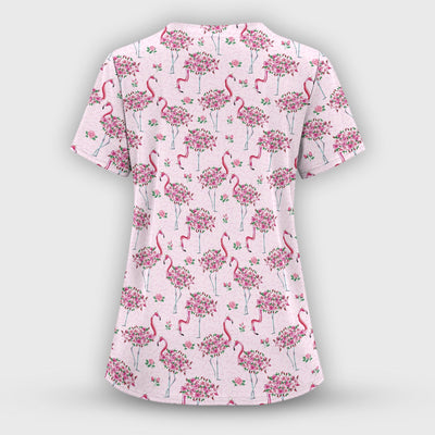 Pink Flamingo Floral Pattern Scrub Top, Comfortable Scrubs for Nurses