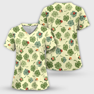 Clover and Ladybug Lucky Garden Pattern Scrubs Top, Comfortable Scrubs for Nurses