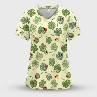 Clover and Ladybug Lucky Garden Pattern Scrubs Top, Comfortable Scrubs for Nurses