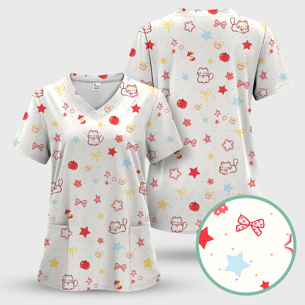 Cute Kawaii Cat Bow Star Pattern Scrub Top, Comfortable Scrubs for Nurses