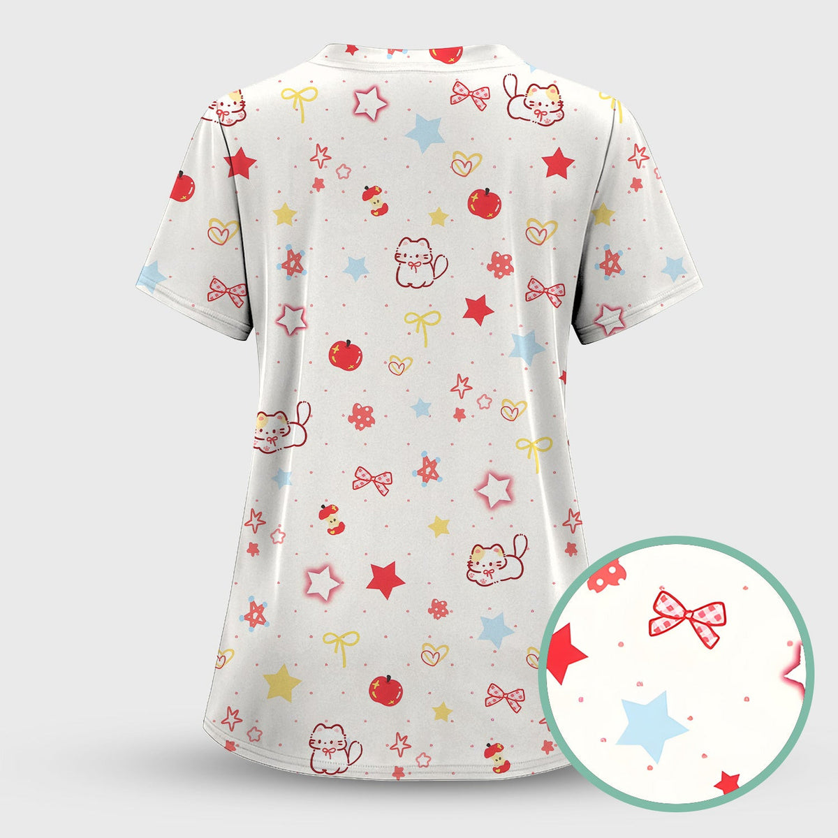 Cute Kawaii Cat Bow Star Pattern Scrub Top, Comfortable Scrubs for Nurses