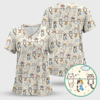 Funny Cats With Cute Expressions Pattern Scrubs Top, Comfortable Scrubs for Nurses