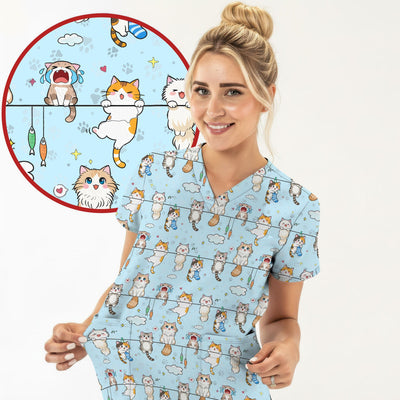 Funny Cats With Cute Expressions Pattern Scrubs Top, Comfortable Scrubs for Nurses