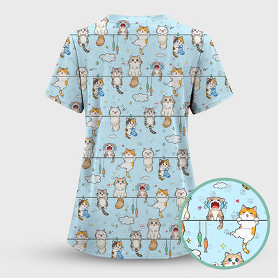 Funny Cats With Cute Expressions Pattern Scrubs Top, Comfortable Scrubs for Nurses