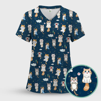 Funny Cats With Cute Expressions Pattern Scrubs Top, Comfortable Scrubs for Nurses