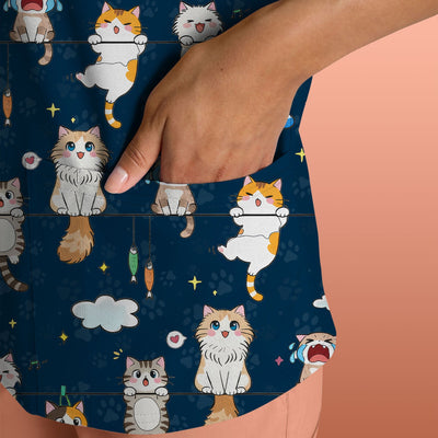 Funny Cats With Cute Expressions Pattern Scrubs Top, Comfortable Scrubs for Nurses