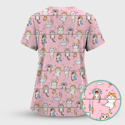 Funny Cats With Cute Expressions Pattern Scrubs Top, Comfortable Scrubs for Nurses
