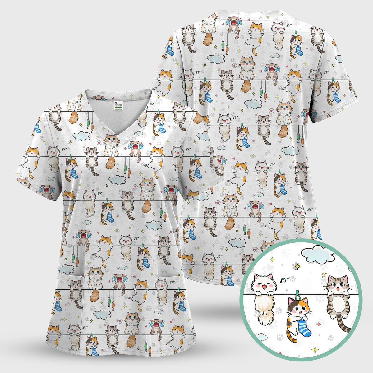 Funny Cats With Cute Expressions Pattern Scrubs Top, Comfortable Scrubs for Nurses