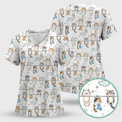 Funny Cats With Cute Expressions Pattern Scrubs Top, Comfortable Scrubs for Nurses