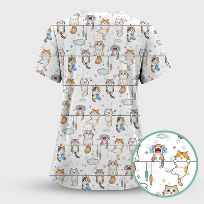 Funny Cats With Cute Expressions Pattern Scrubs Top, Comfortable Scrubs for Nurses