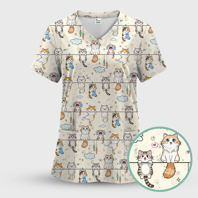 Funny Cats With Cute Expressions Pattern Scrubs Top, Comfortable Scrubs for Nurses