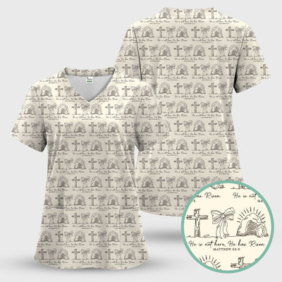 Christian Cross He Is Risen Pattern Scrubs Top, Comfortable Scrubs for Nurses