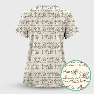 Christian Cross He Is Risen Pattern Scrubs Top, Comfortable Scrubs for Nurses