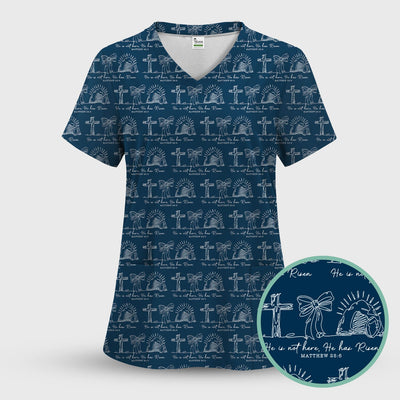 Christian Cross He Is Risen Pattern Scrubs Top, Comfortable Scrubs for Nurses