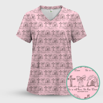 Christian Cross He Is Risen Pattern Scrubs Top, Comfortable Scrubs for Nurses
