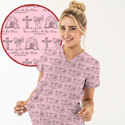 Christian Cross He Is Risen Pattern Scrubs Top, Comfortable Scrubs for Nurses
