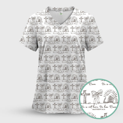 Christian Cross He Is Risen Pattern Scrubs Top, Comfortable Scrubs for Nurses