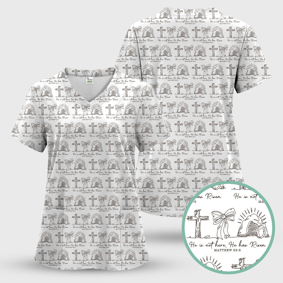 Christian Cross He Is Risen Pattern Scrubs Top, Comfortable Scrubs for Nurses