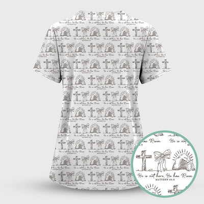 Christian Cross He Is Risen Pattern Scrubs Top, Comfortable Scrubs for Nurses