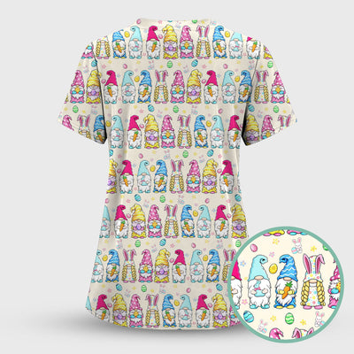 Colorful Easter Gnome Bunny Eggs Print Scrub Top, Comfortable Scrubs for Nurses