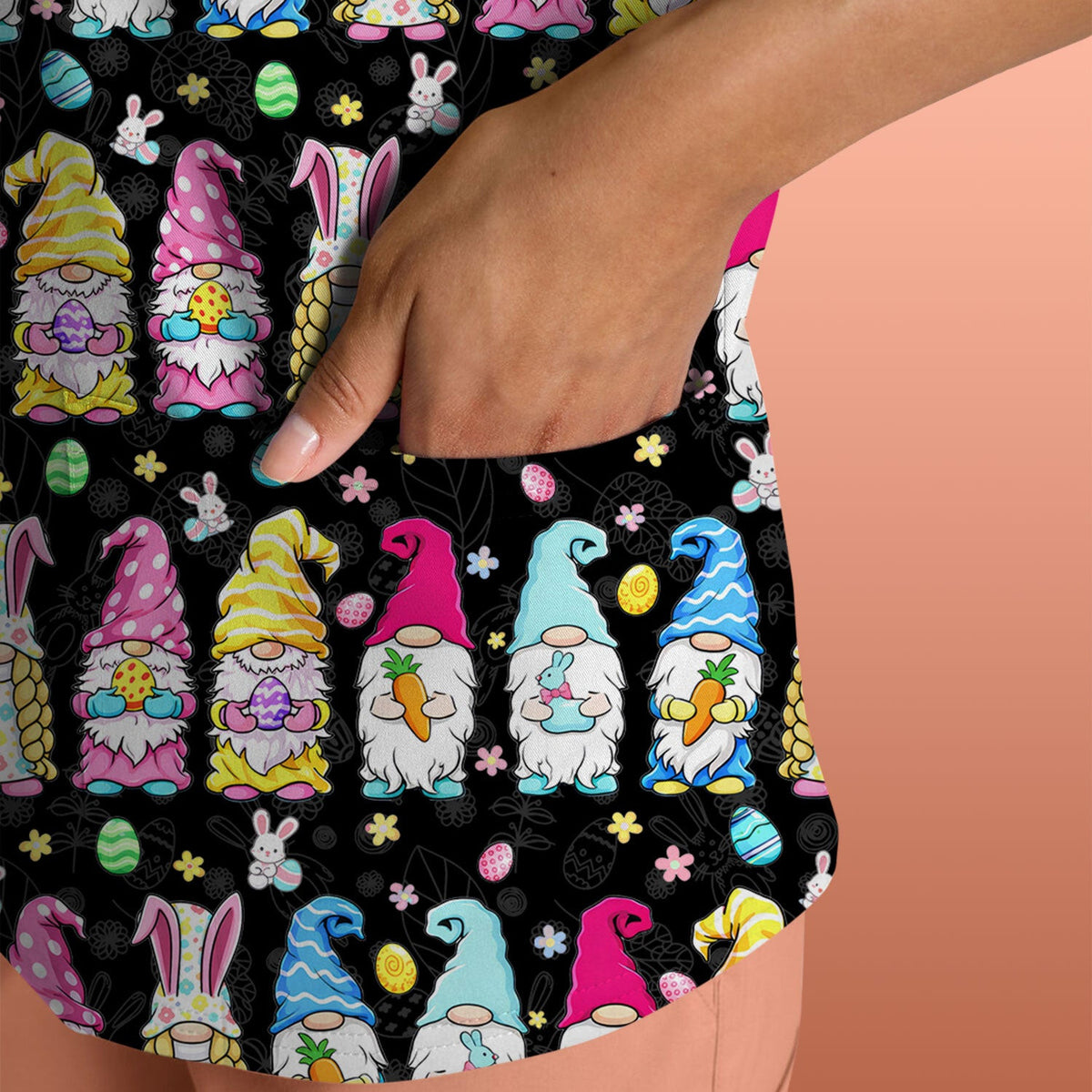 Colorful Easter Gnome Bunny Eggs Print Scrub Top, Comfortable Scrubs for Nurses
