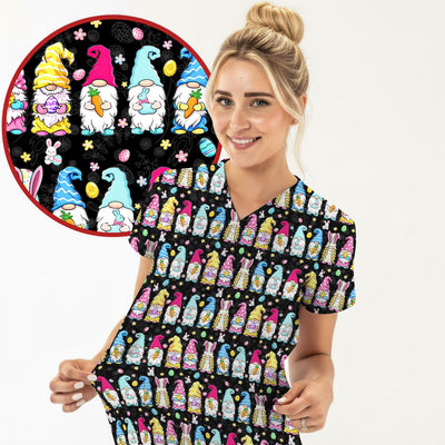 Colorful Easter Gnome Bunny Eggs Print Scrub Top, Comfortable Scrubs for Nurses