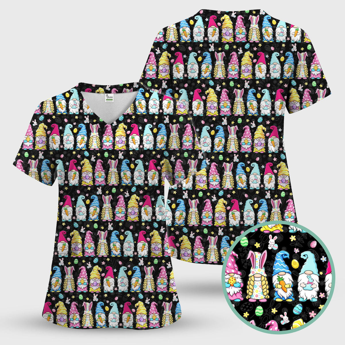 Colorful Easter Gnome Bunny Eggs Print Scrub Top, Comfortable Scrubs for Nurses