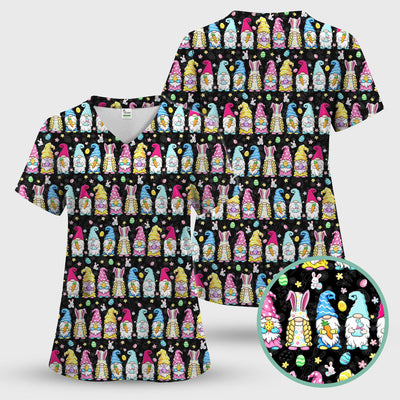 Colorful Easter Gnome Bunny Eggs Print Scrub Top, Comfortable Scrubs for Nurses