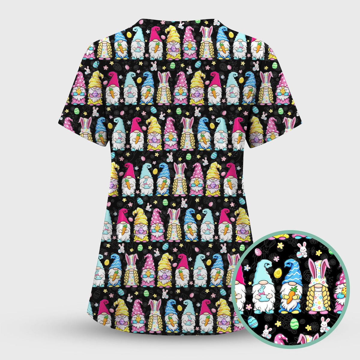 Colorful Easter Gnome Bunny Eggs Print Scrub Top, Comfortable Scrubs for Nurses