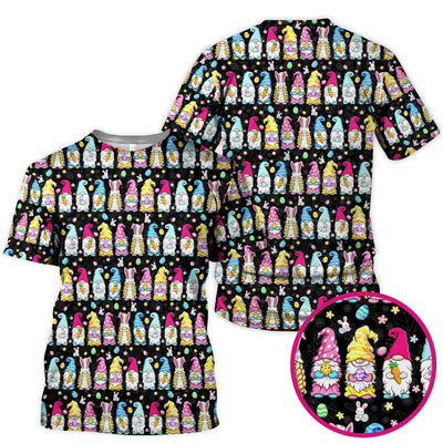 Colorful Easter Gnome Bunny Eggs Print Scrub Top, Comfortable Scrubs for Nurses