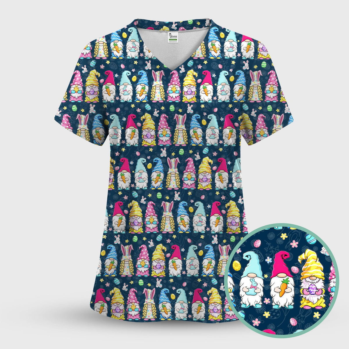 Colorful Easter Gnome Bunny Eggs Print Scrub Top, Comfortable Scrubs for Nurses