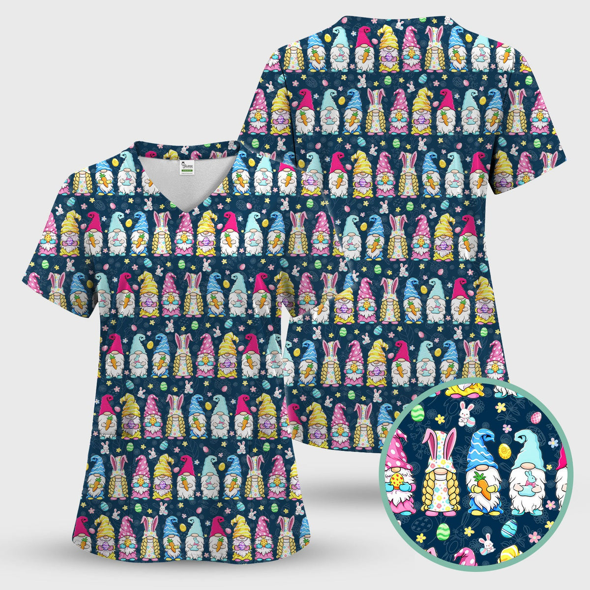 Colorful Easter Gnome Bunny Eggs Print Scrub Top, Comfortable Scrubs for Nurses