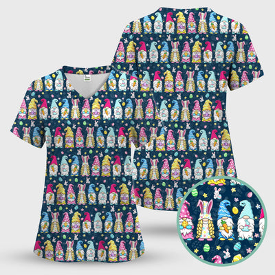 Colorful Easter Gnome Bunny Eggs Print Scrub Top, Comfortable Scrubs for Nurses