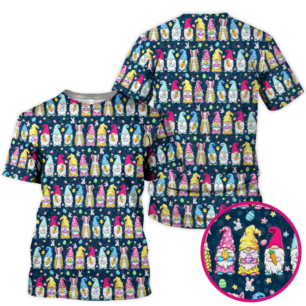 Colorful Easter Gnome Bunny Eggs Print Scrub Top, Comfortable Scrubs for Nurses